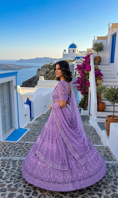 Zyavira Lavender Net Embroidered Lehenga Choli with Dupatta