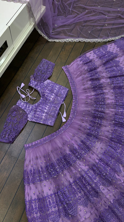 Zyavira Lavender Net Embroidered Lehenga Choli with Dupatta