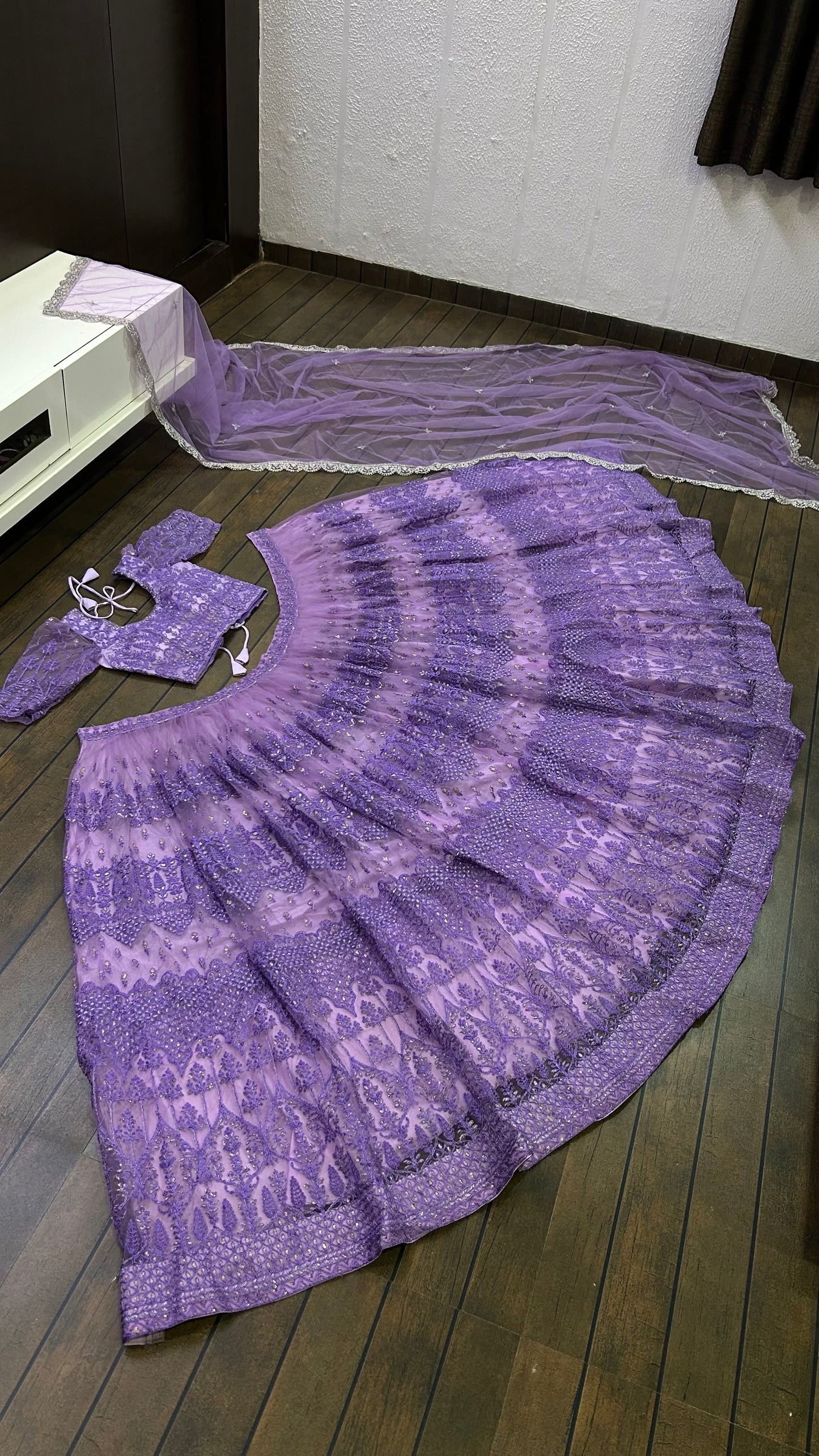 Zyavira Lavender Net Embroidered Lehenga Choli with Dupatta
