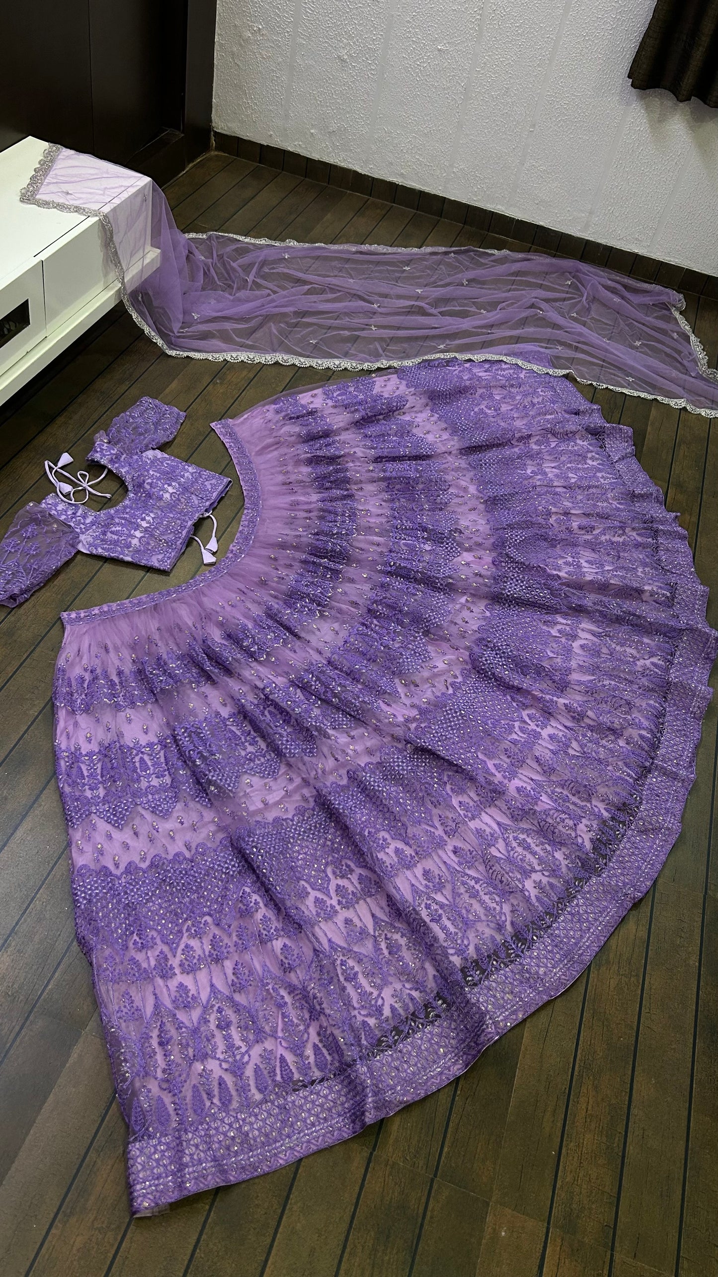 Zyavira Lavender Net Embroidered Lehenga Choli with Dupatta