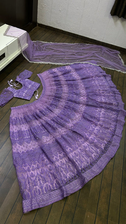 Zyavira Lavender Net Embroidered Lehenga Choli with Dupatta