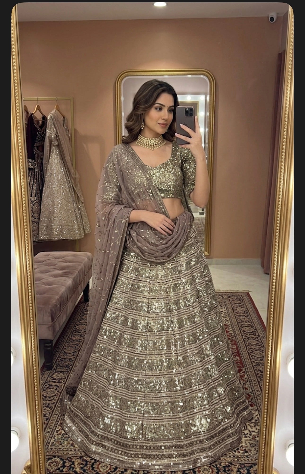 Aurumyra Golden Faux Georgette Lehenga Choli with Sequins, Zari & Dori Work