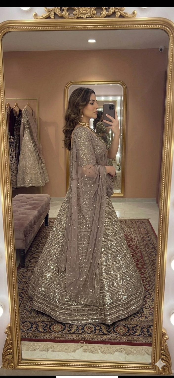 Aurumyra Golden Faux Georgette Lehenga Choli with Sequins, Zari & Dori Work