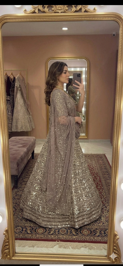 Aurumyra Golden Faux Georgette Lehenga Choli with Sequins, Zari & Dori Work