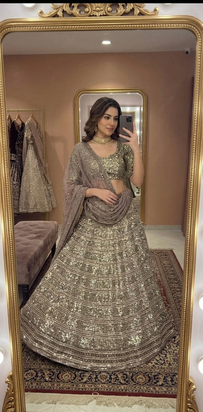 Aurumyra Golden Faux Georgette Lehenga Choli with Sequins, Zari & Dori Work