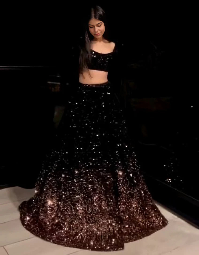 Stunning Black Gold Velvet Lehengha Choli