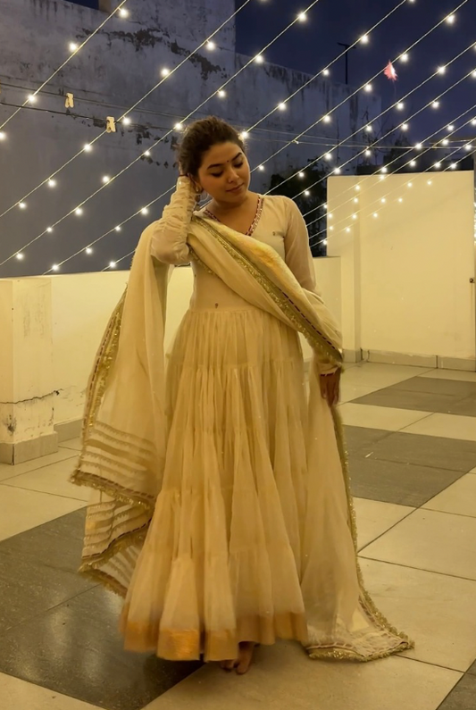 Saanjh Off White Vichitra Silk Heavy Sequins Gown Set