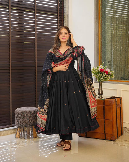 Black Digital Printed Cotton Anarkali Suit