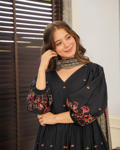 Black Digital Printed Cotton Anarkali Suit