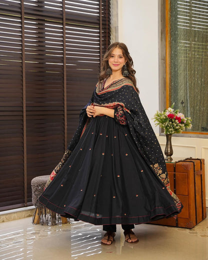 Black Digital Printed Cotton Anarkali Suit
