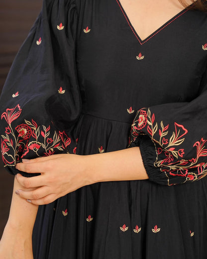 Black Digital Printed Cotton Anarkali Suit
