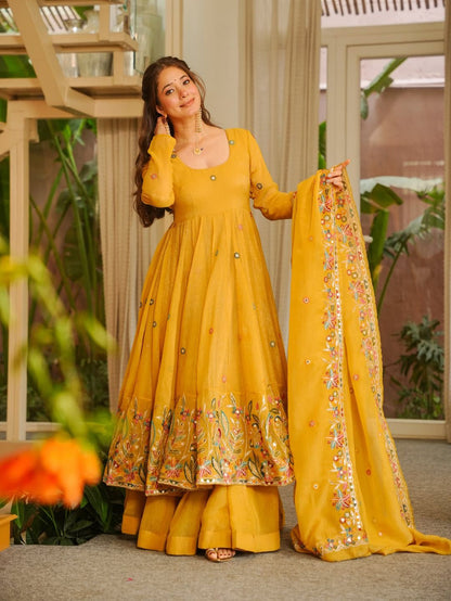 Suryalekha Yellow Crunchy Silk Sequins Embroidered Gown Sharara Set with Dupatta