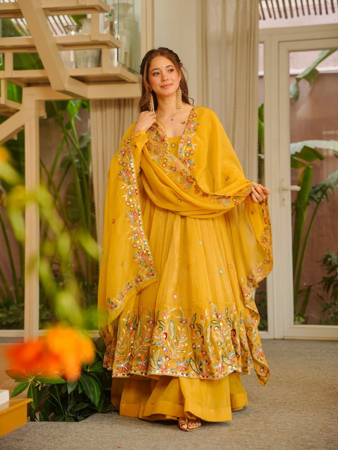 Suryalekha Yellow Crunchy Silk Sequins Embroidered Gown Sharara Set with Dupatta