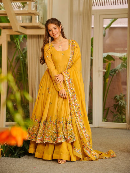 Suryalekha Yellow Crunchy Silk Sequins Embroidered Gown Sharara Set with Dupatta