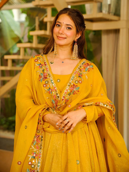 Suryalekha Yellow Crunchy Silk Sequins Embroidered Gown Sharara Set with Dupatta