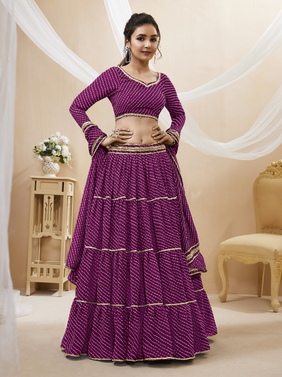 Purple Eleganca Georgette Laheriya Print Lehengha Choli