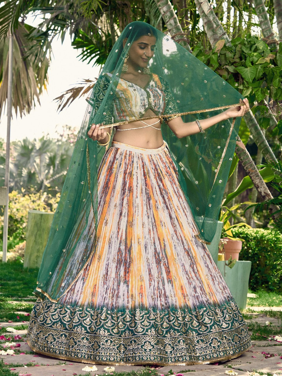 Green Chinon Fabric Zari Embroidery Work  Lehengha Choli