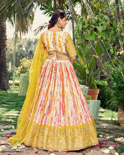 Yellow Chinon Fabric Zari Embroidery Work Lehengha Choli