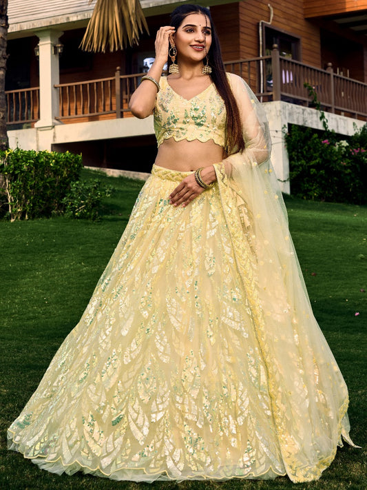 Yellow Soft Net Partywear Thread Embroidery Work Lehengha Choli