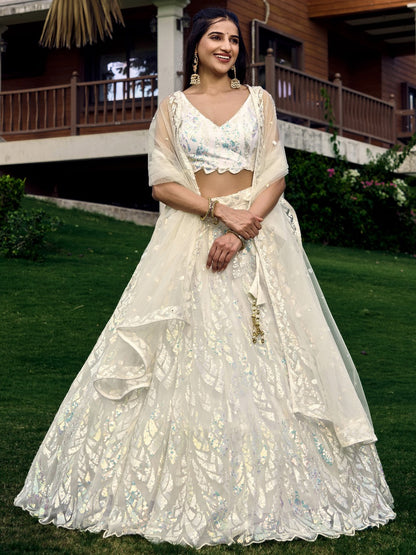 White Soft Net Partywear Thread Embroidery Work Lehengha Choli