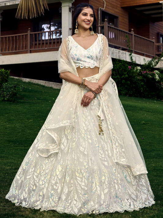 White Soft Net Partywear Thread Embroidery Work Lehengha Choli