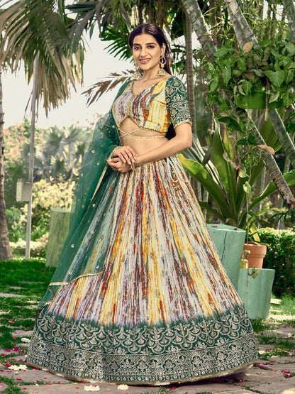 Green Chinon Fabric Zari Embroidery Work  Lehengha Choli