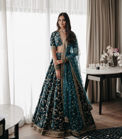 Naayara Teal Velvet Embroidery & Sequins Bridal Lehenga Choli