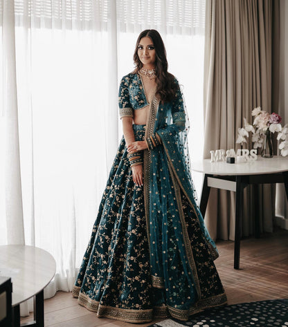 Naayara Teal Velvet Embroidery & Sequins Bridal Lehenga Choli