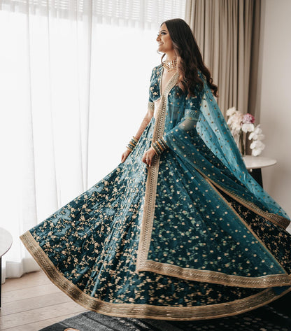 Naayara Teal Velvet Embroidery & Sequins Bridal Lehenga Choli