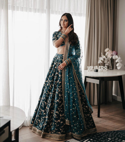 Naayara Teal Velvet Embroidery & Sequins Bridal Lehenga Choli