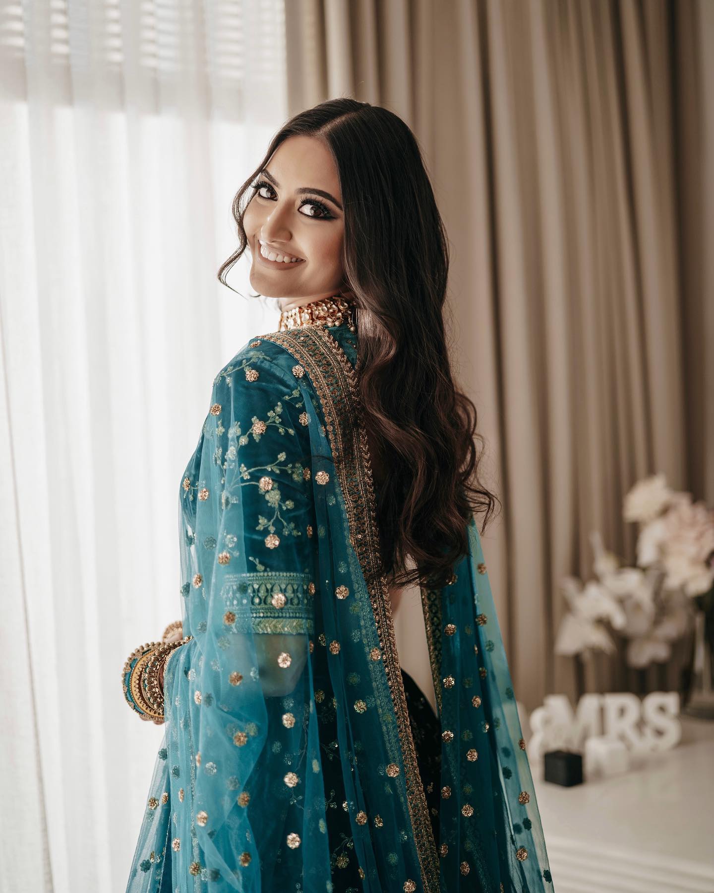 Naayara Teal Velvet Embroidery & Sequins Bridal Lehenga Choli