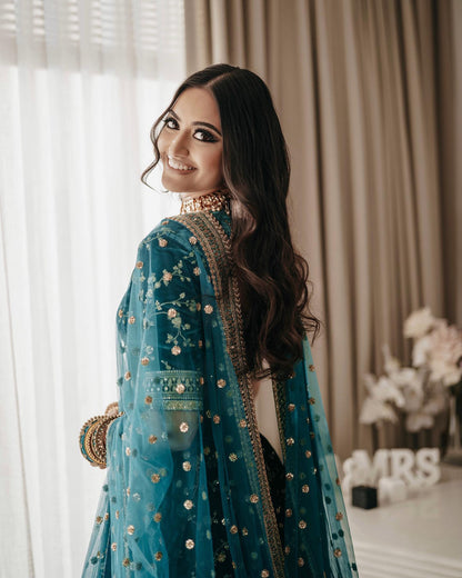 Naayara Teal Velvet Embroidery & Sequins Bridal Lehenga Choli