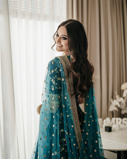 Naayara Teal Velvet Embroidery & Sequins Bridal Lehenga Choli
