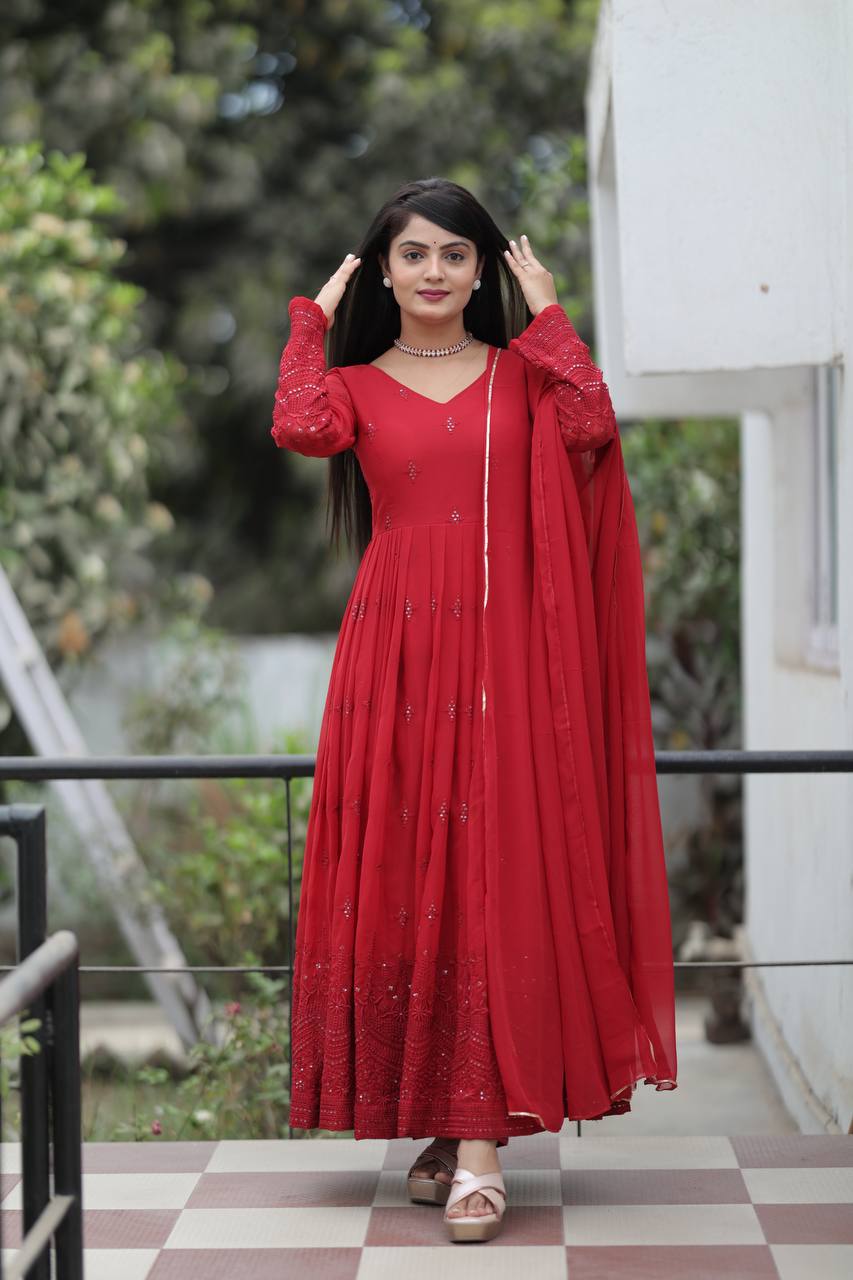 Elegant Maroon Georgette Anarkali Suit Set with Matching Dupatta