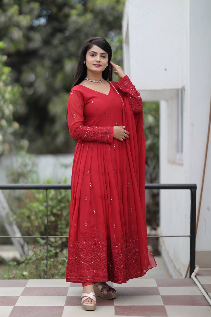 Elegant Maroon Georgette Anarkali Suit Set with Matching Dupatta