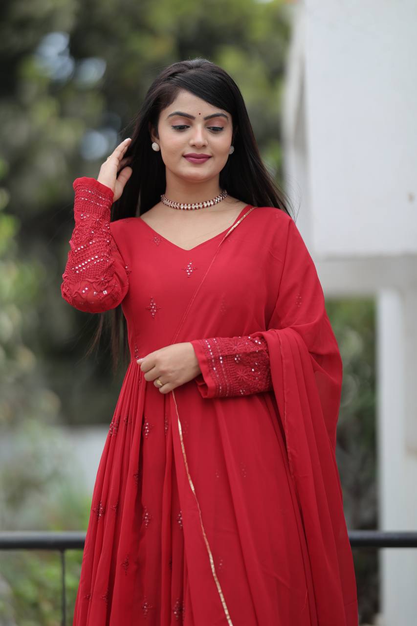 Elegant Maroon Georgette Anarkali Suit Set with Matching Dupatta