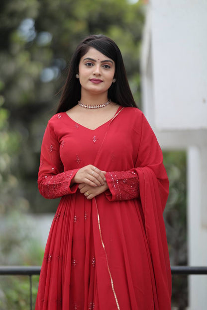 Elegant Maroon Georgette Anarkali Suit Set with Matching Dupatta