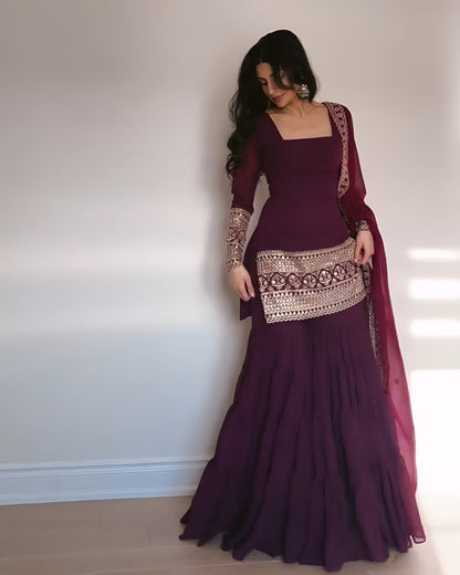 Meher Wine Georgette Cording Embroidered Sharara Set