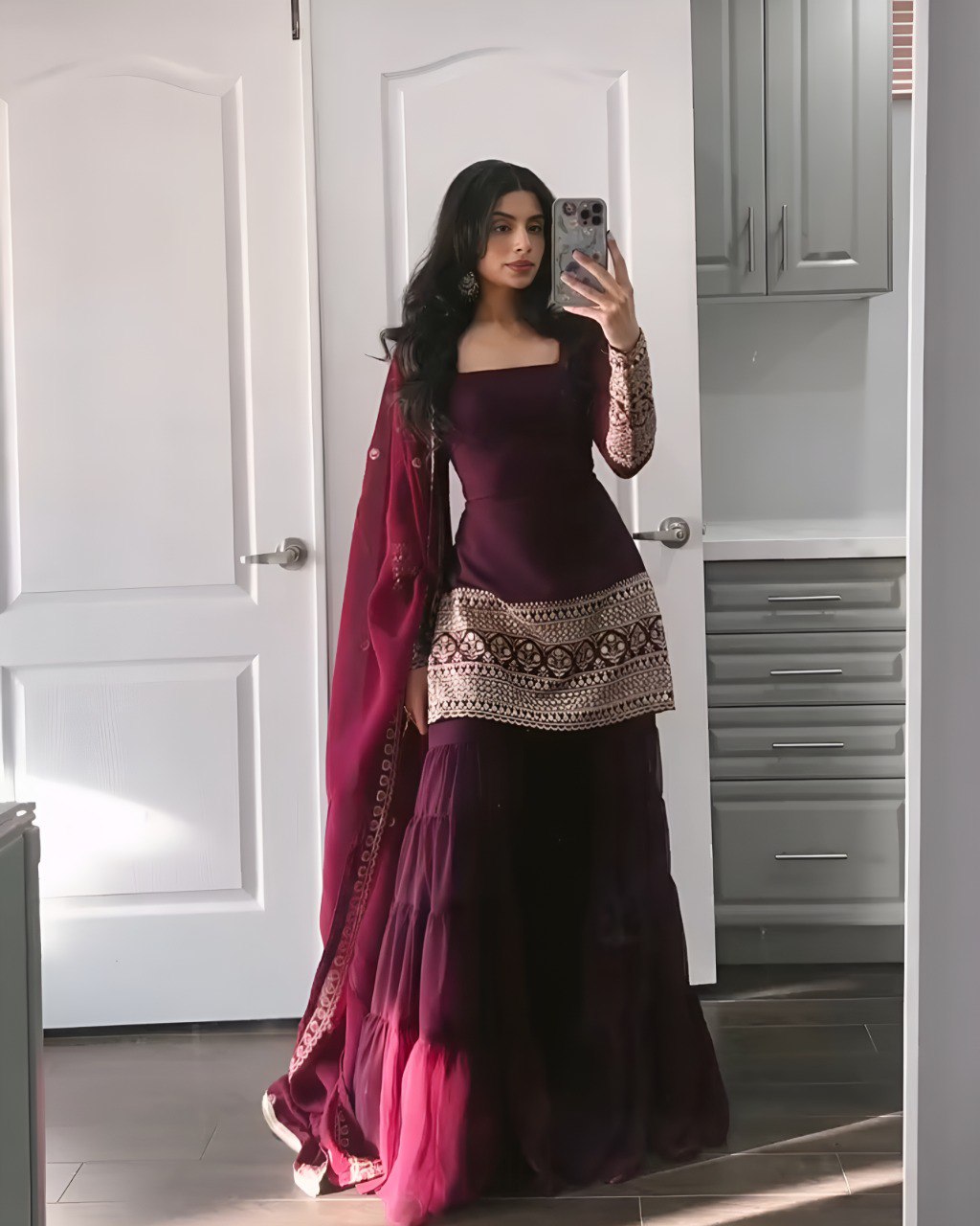 Meher Wine Georgette Cording Embroidered Sharara Set