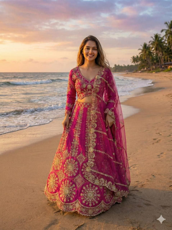 Mahira Dark Pink Two Tone Silk Thread & Coding Embroidered Lehenga Choli