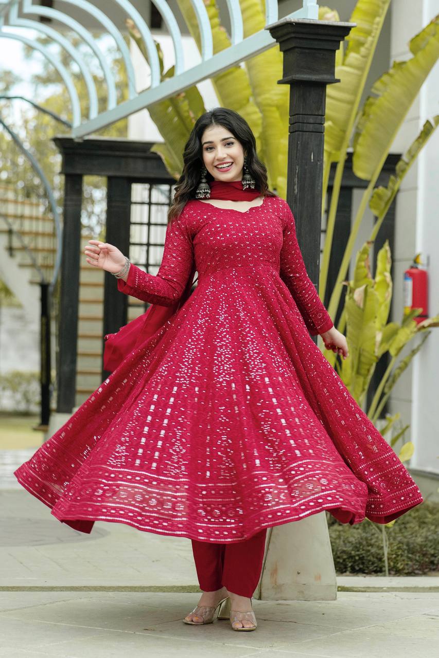 Classic Maroon Anarkali Suit Set with Intricate Kali-Cut Design