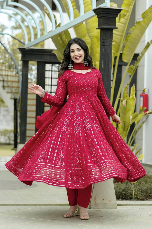 Classic Maroon Anarkali Suit Set with Intricate Kali-Cut Design
