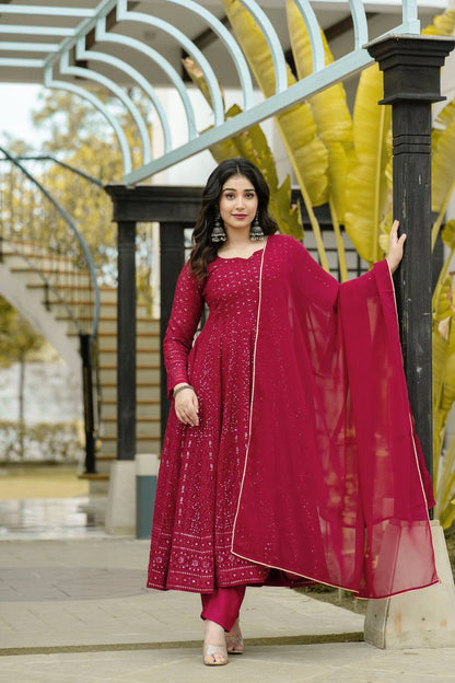 Classic Maroon Anarkali Suit Set with Intricate Kali-Cut Design