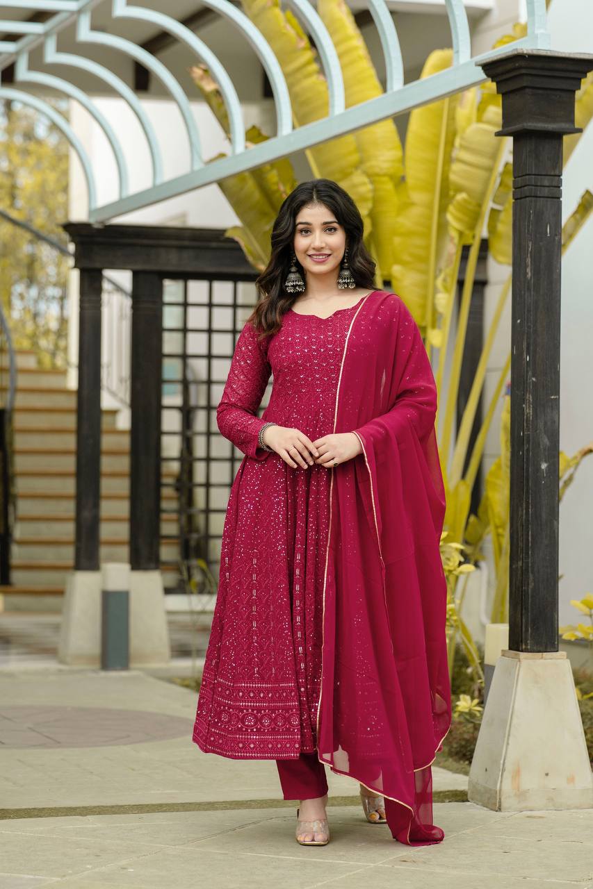 Classic Maroon Anarkali Suit Set with Intricate Kali-Cut Design