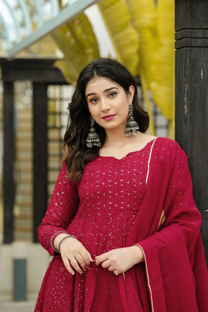Classic Maroon Anarkali Suit Set with Intricate Kali-Cut Design
