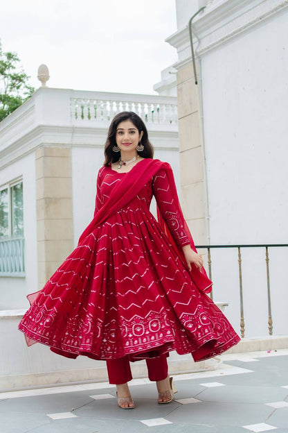 Royal Maroon Faux Georgette Designer Anarkali Suit with Thread-Sequins Embroidery