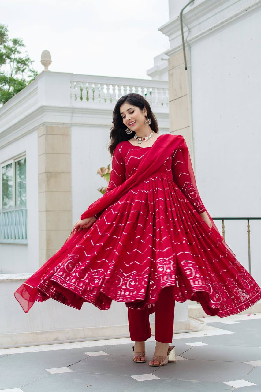 Royal Maroon Faux Georgette Designer Anarkali Suit with Thread-Sequins Embroidery