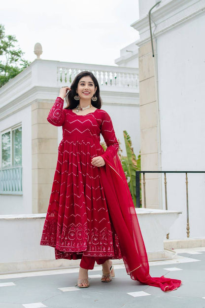 Royal Maroon Faux Georgette Designer Anarkali Suit with Thread-Sequins Embroidery