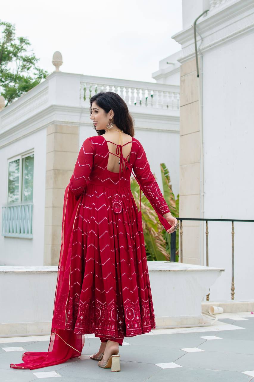 Royal Maroon Faux Georgette Designer Anarkali Suit with Thread-Sequins Embroidery
