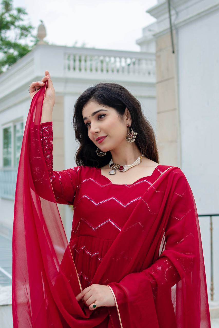 Royal Maroon Faux Georgette Designer Anarkali Suit with Thread-Sequins Embroidery